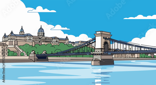 Historic castle complex and suspension bridge over a wide blue river