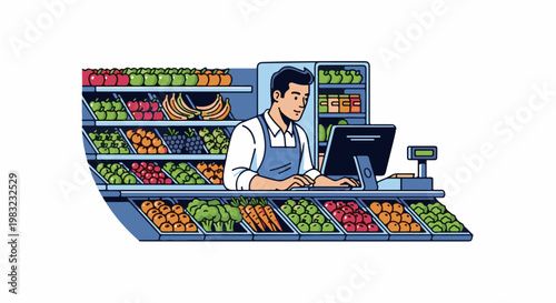 A cashier in an apron operates a computer at a grocery store