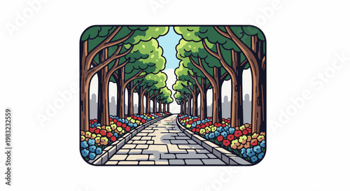 A picturesque tree-lined path with vibrant flowerbeds and dappled sunlight