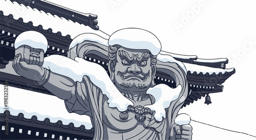 Monumental statue covered in snow with temple roof detail