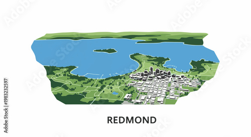 Stylized aerial view of a city by a lake with green hills and an island