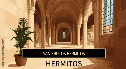 Pixel art of a stone cloister hallway with vaulted ceilings and windows