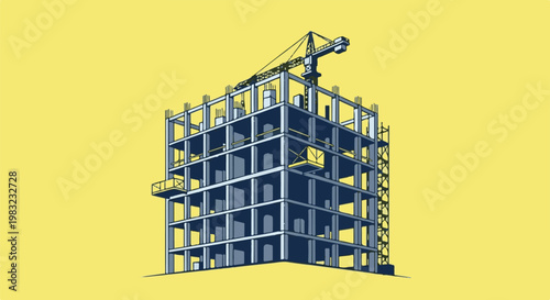 Unfinished concrete building under construction with a large crane overhead