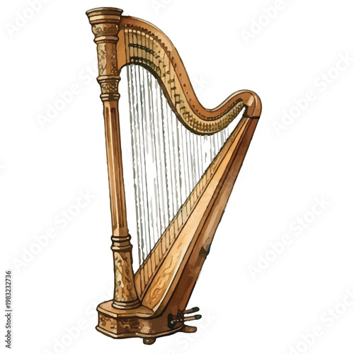 Isolated harp and violin on white background classical musical instruments illustration