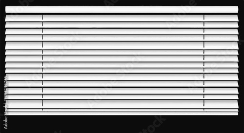 White Venetian blinds covering a window, casting shadows and creating a striped pattern