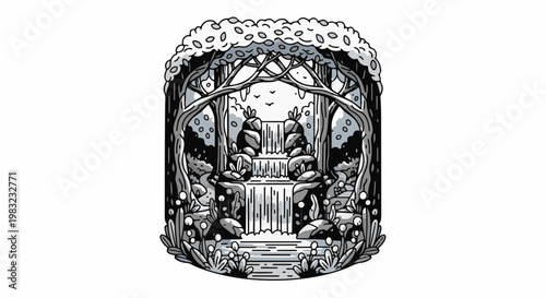 Whimsical grayscale forest scene with a waterfall, trees, and lush foliage