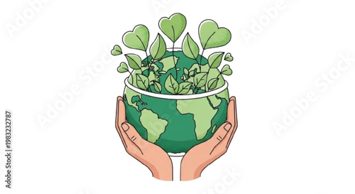 Earth Day concept vector illustration, green eco planet with leaves growing, hands protecting the earth, minimal flat design, clean line art, isolated on white background, modern eco friendly style, 
