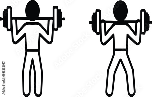 Fitness and Bodybuilding Icon Set Featuring Male Athlete Performing Barbell Squats and Weightlifting Exercises for Gym Training Health Coaching and Strength Sports Designs