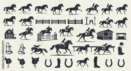 Equestrian silhouettes horses, riders, fences, and gear