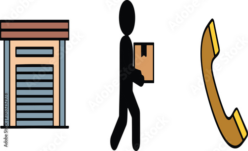 Comprehensive Logistics and Delivery Icon Set Featuring Warehouse Storage Unit Courier Personnel Carrying Package and Telephone Handset for Customer Service Support and Shipping Management