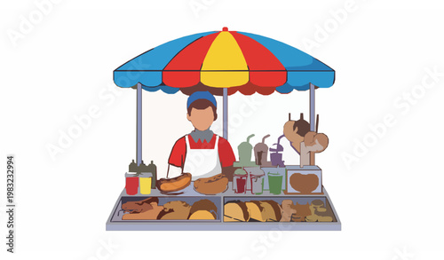 Vendedor ambulante carrito comida bebidas paraguas vector