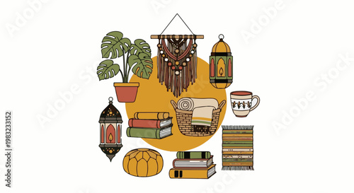 Cozy bohemian decor items, including a plant, macrame, lanterns, books, and a mug