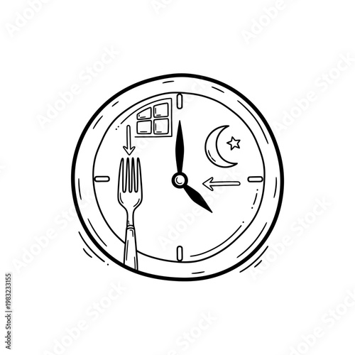 Intermittent fasting diet showing fork, window, moon for meal timing.