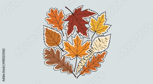 Collection of autumnal leaves in warm colors arranged on a pale blue background