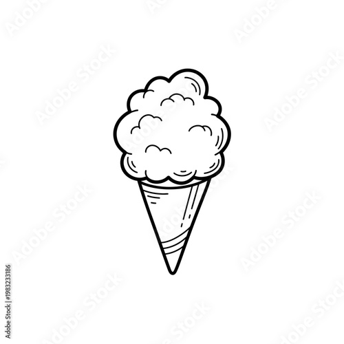 Fluffy cotton candy in cone sketch hand drawn doodle style for carnival concept.