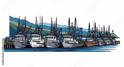 A row of fishing boats docked at a pier with a lighthouse in the background