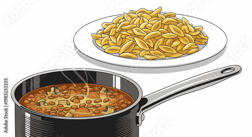 A pot of stew simmers next to a plate of pasta