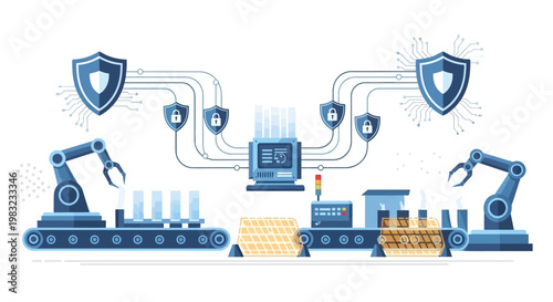 A detailed vector illustration displays an automated manufacturing process with robotic arms working on a conveyor belt under the protection of digital shields, all set against a clean