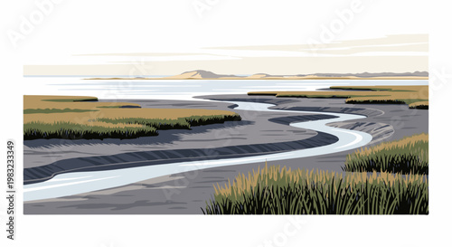A pixelated landscape depicts a winding river flowing through marshland under a hazy sky