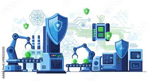 Detailed vector illustration of a cybersecurity-protected factory assembly line with robotic arms processing green orbs, set against a white background with circuit board patterns