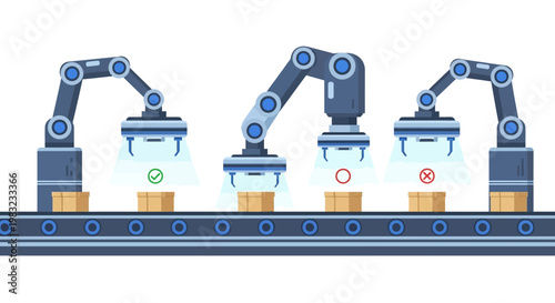 Isometric vector illustration featuring an automated assembly line with robotic arms accurately picking up cardboard boxes on a conveyor belt under bright lighting, set against a clean