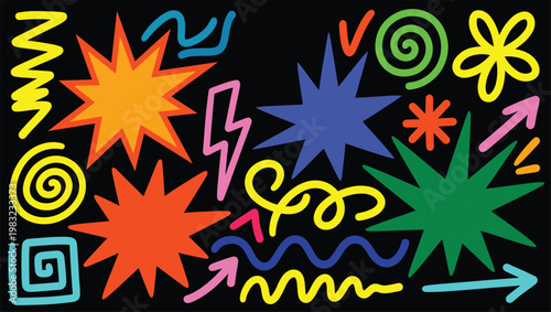 A colorful illustration of various shapes and symbols in a vibrant bundle of design elements for creative projects