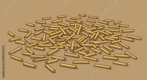A pile of light brown cylindrical wooden dowels scattered randomly on a beige surface