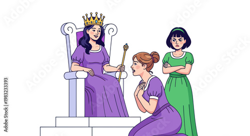 Queen on Throne Receiving Subject, Guard Standing