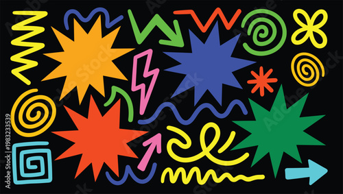 A colorful illustration of various shapes and symbols in a vibrant design concept, perfect for adding a pop of color to any project or presentation with a bundle of creative elements.