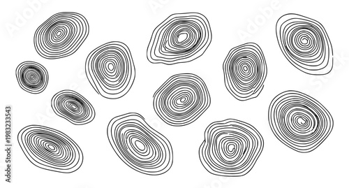 Organic abstract topographic map shapes with tree ring contours in modern black line vector collection isolated on white