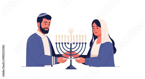 Jewish Couple Lighting Menorah for Hanukkah Celebration, Festive Holiday Scene