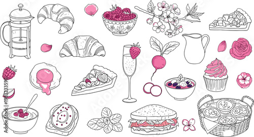 Breakfast and Dessert Icon Set Featuring Croissants, Fruits, Yogurt, Sandwiches, and Sweets for Food, Brunch, and Culinary Illustrations