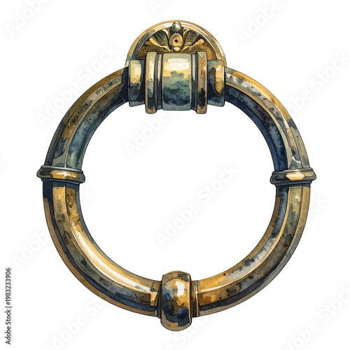 Artistic watercolor illustration of an antique, golden door knocker against a black backdrop