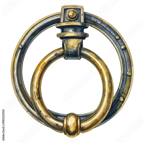 Close-up view of an antique door knocker with a circular brass handle and an ornate metal mounting