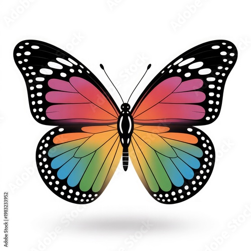 A colorful butterfly with rainbow wings spread wide on a white background