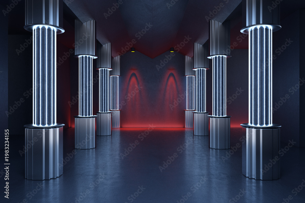 Obraz premium Futuristic corridor with glowing illuminated columns in a dark modern interior hallway, showcasing contemporary design and dramatic lighting effects. 3D Rendering