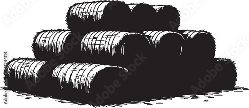 Stack of hay bales in a rustic setting with black and white illustration style