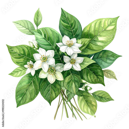Watercolor depiction of white flowers blooming amidst lush green leaves, arranged in a bouquet