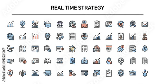 Real time strategy icons set, business and management concept