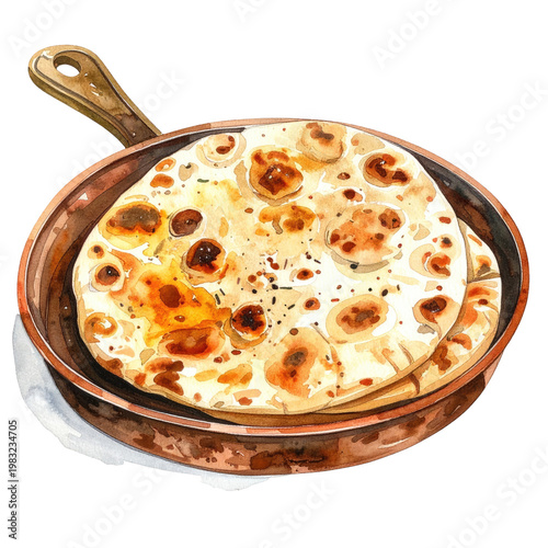 Watercolor illustration of two flatbreads in a bronze-toned pan, ready to serve