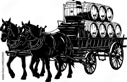 Vintage horse drawn cart carrying wooden beer barrels in countryside.