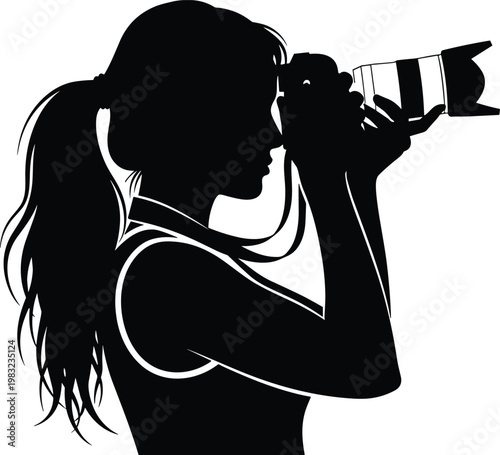 Professional Female Photographer Silhouette Holding DSLR Camera with Zoom Lens Isolated on White Background for Media Photography and Creative Arts Branding