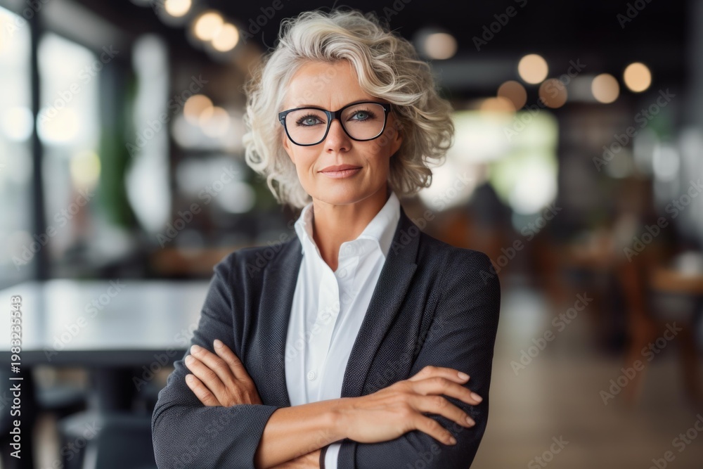 © nsit0108 - Professional woman with gray hair and glasses standing in a modern office looking at camera