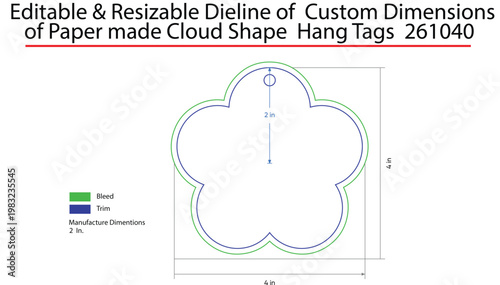 Cloud shape hang tag dieline template with bleed and trim lines