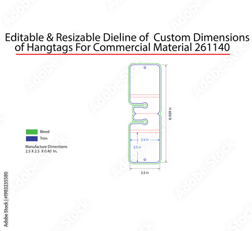 Folded hangtag dieline template with bleed and trim lines, 2.5 inch dimensions
