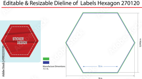 Hexagon label dieline template with dimensions and example sticker