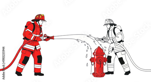 Firefighters Using Hydrant Hose Spraying Water