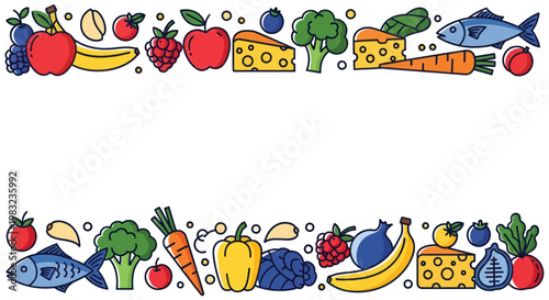 Healthy Food Border Design - Fruits, Vegetables, Cheese, Fish, and Berries