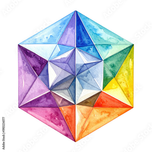 Watercolor geometric design featuring a kaleidoscopic six-sided crystal in an array of bright colors