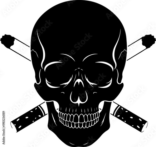 Skull and crossbones with cigarettes in black silhouette.